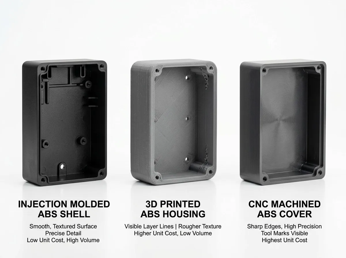 Comparison of three ABS plastic housing manufacturing methods: injection molded (smooth surface), 3D printed (layer lines visible), and CNC machined (tool marks) shown side by side