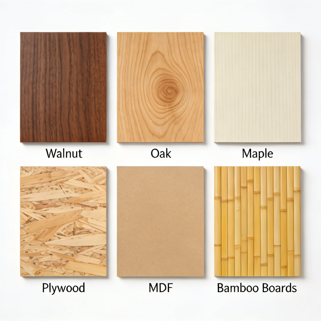 Wood materials including walnut, oak, maple, plywood, MDF, bamboo
