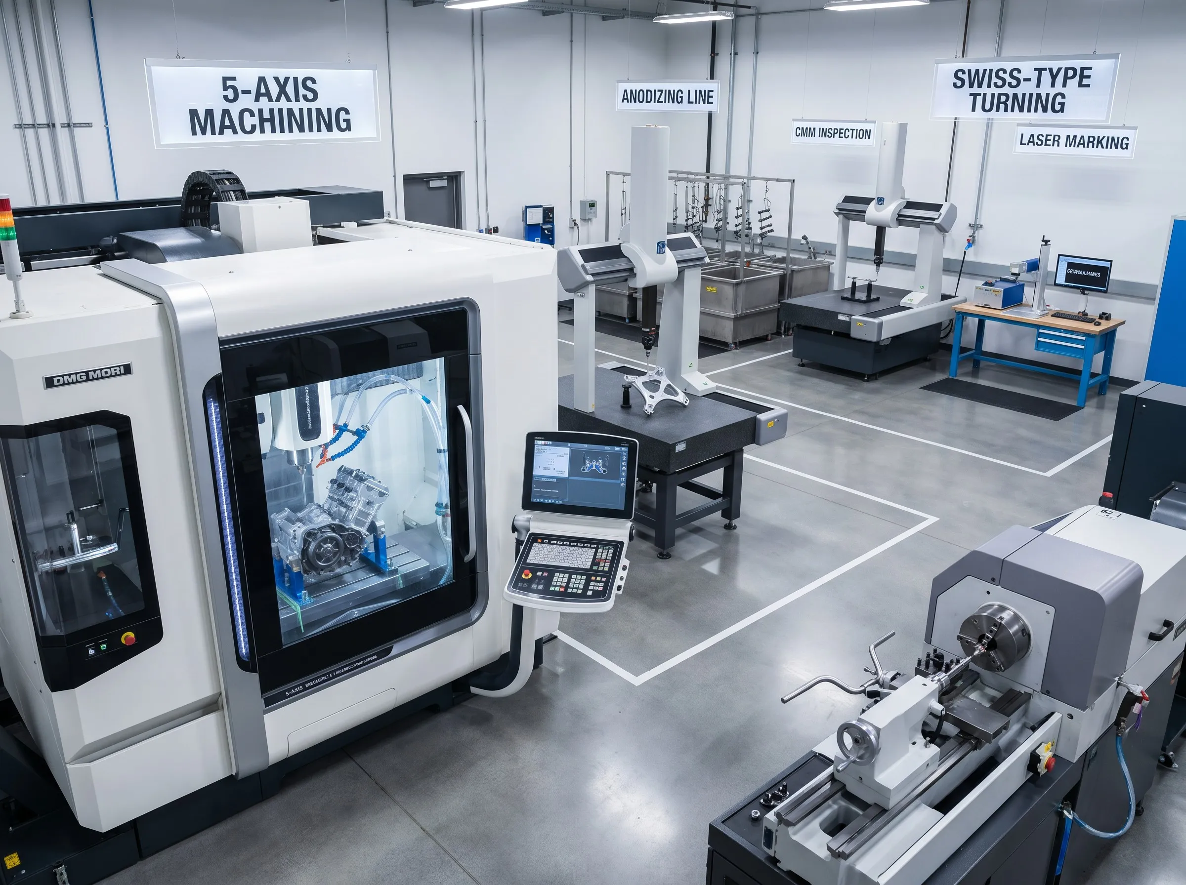 CNC machining capabilities display showing 5-axis milling Swiss turning anodizing and inspection stations