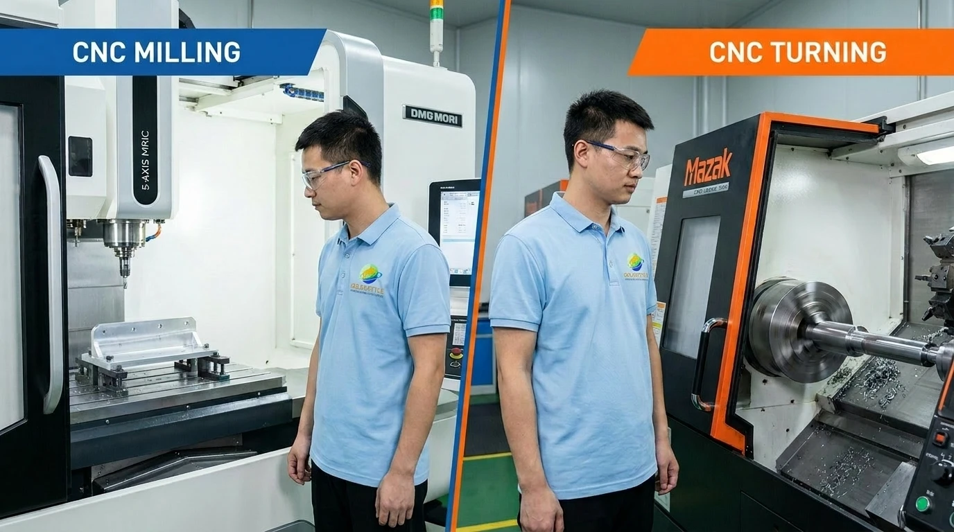 Side-by-side comparison of CNC milling versus CNC turning with Chinese operators in light blue polo shirts