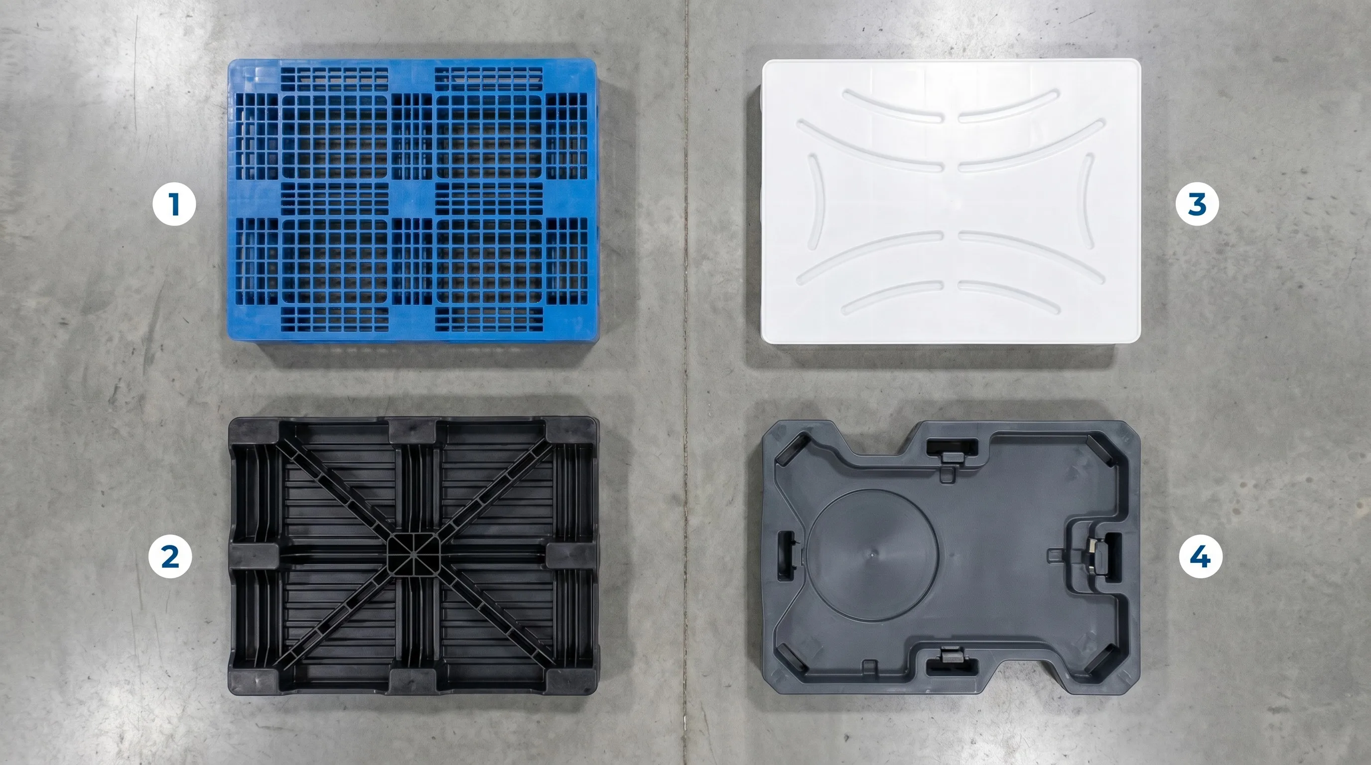 Four different types of plastic pallet inserts showing structural design variations: standard, reinforced, hygienic and custom