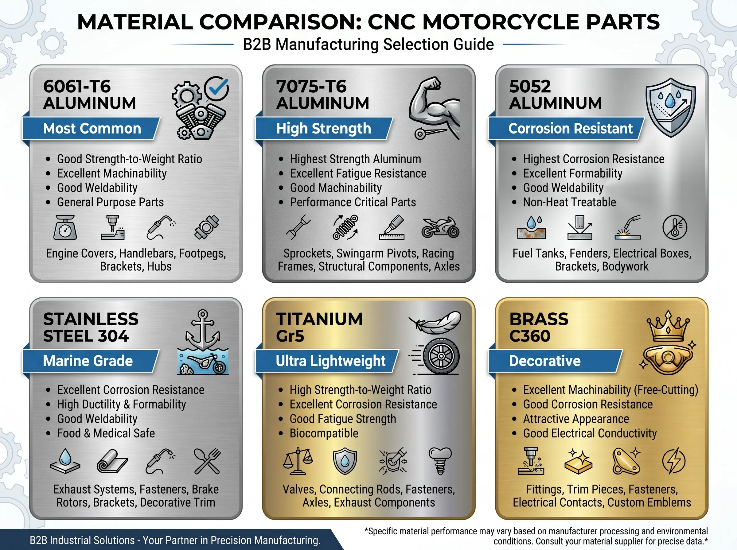 Material comparison chart for CNC motorcycle parts showing 6061 7075 5052 SS304 SS316 Titanium and Brass
