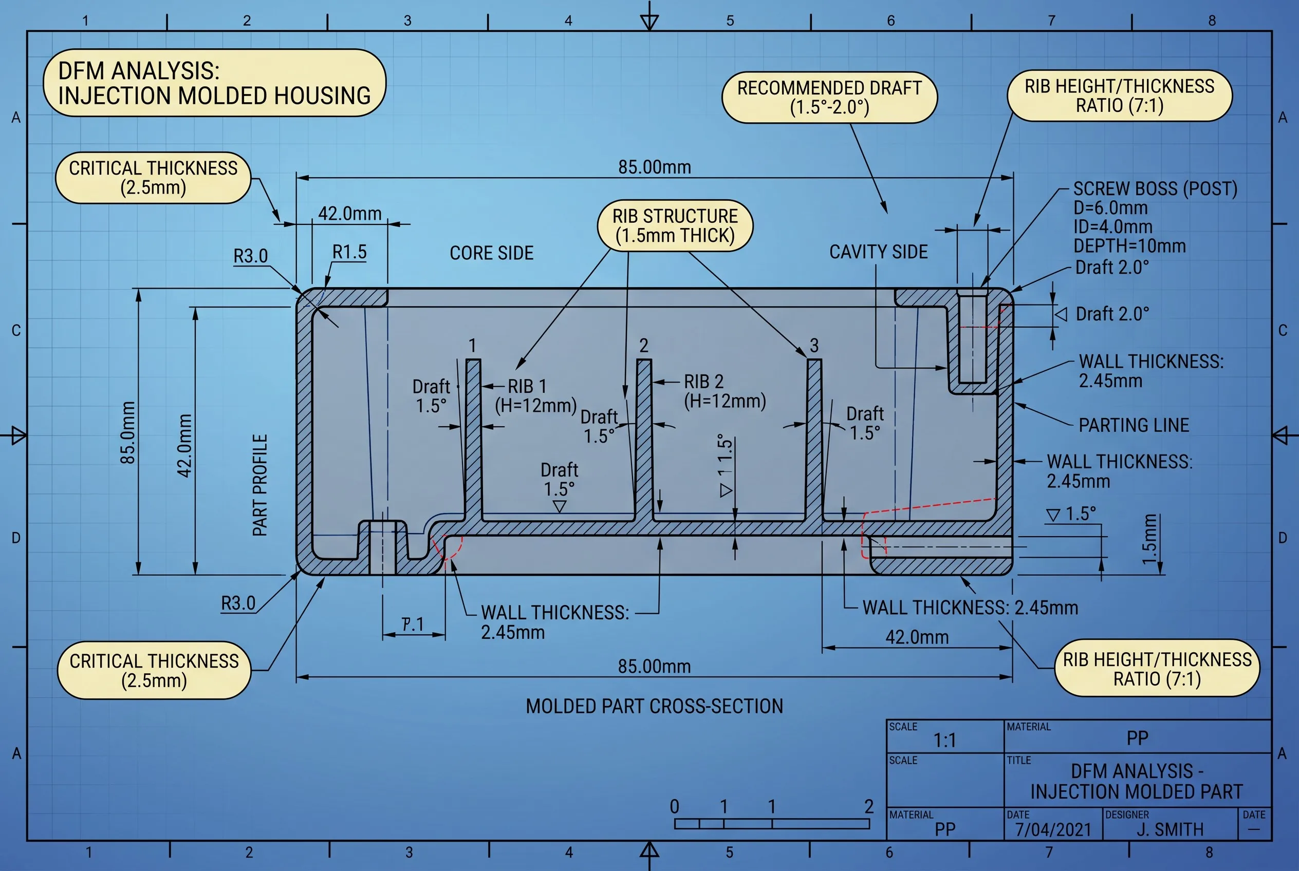 DFM analysis cross-section of injection molded part design features