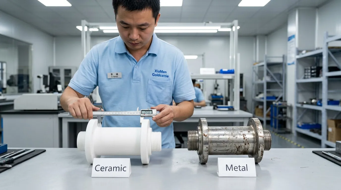 Ceramic alumina insulator versus stainless steel equivalent component comparison on inspection table