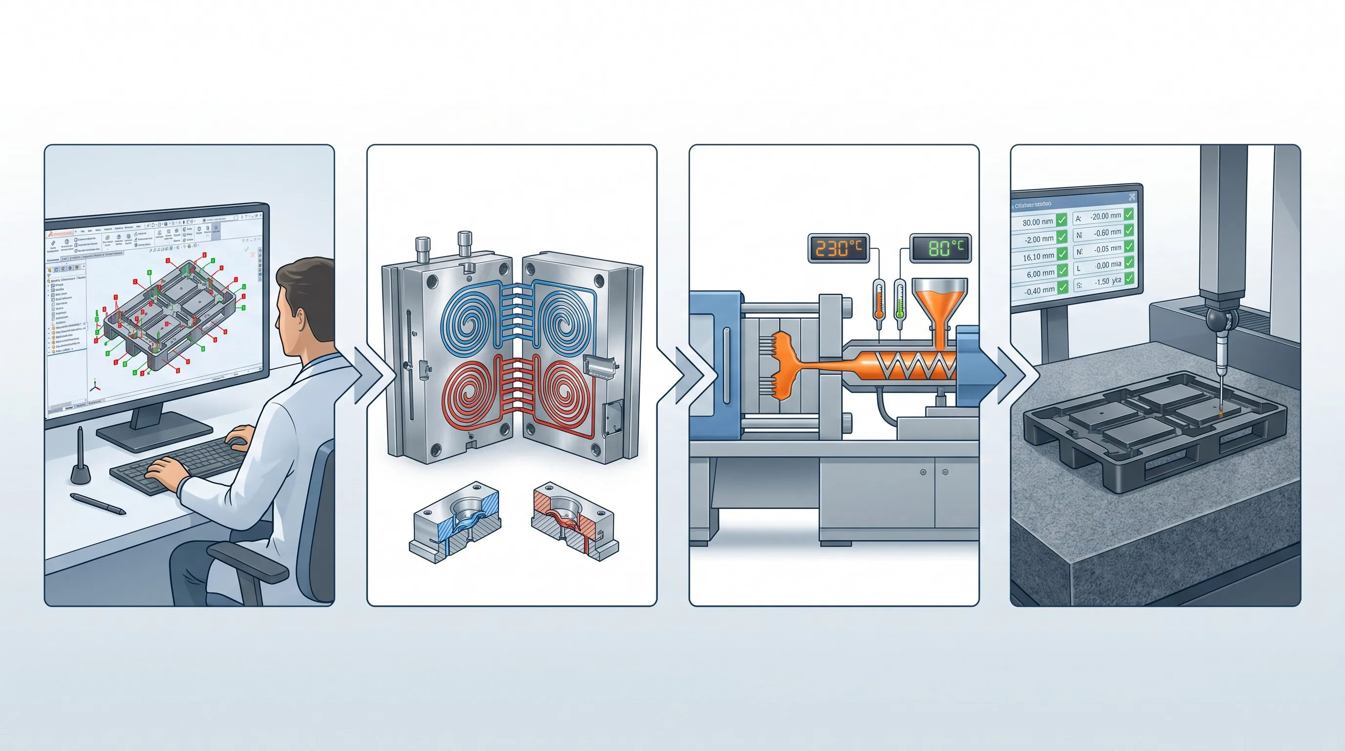 Four stages of plastic pallet insert manufacturing: DFM review, mold design, injection molding and quality inspection