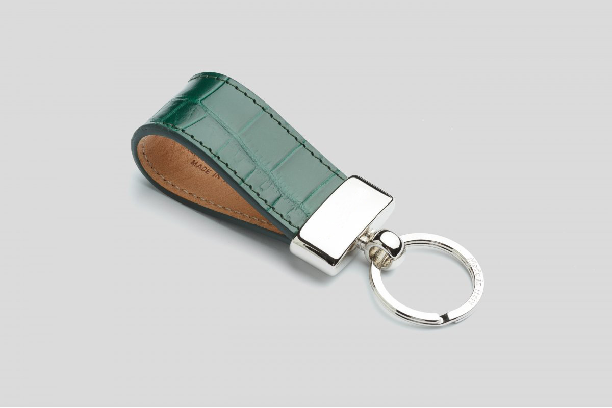 Luxury green leather key fob cover with metal hardware