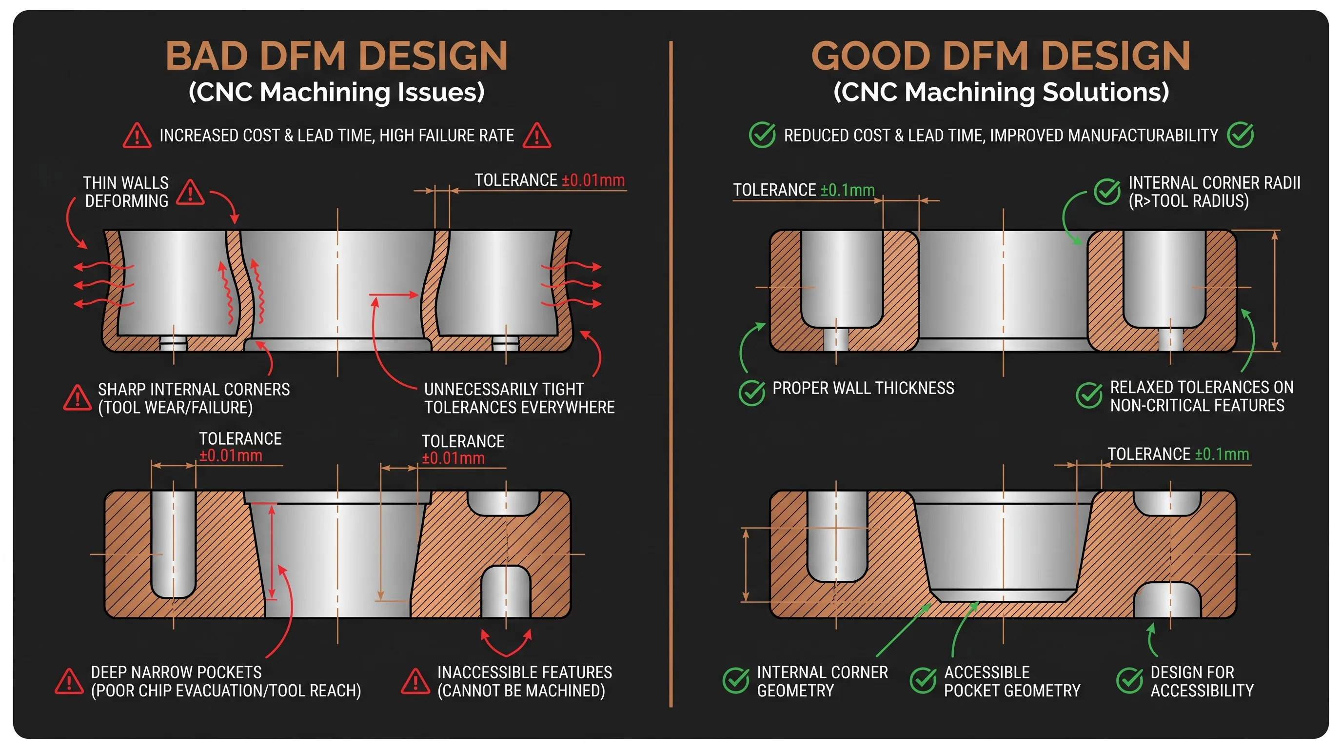 Good DFM design versus bad DFM design comparison for CNC machined parts showing wall thickness, corner radii, tolerance specification and pocket geometry differences
