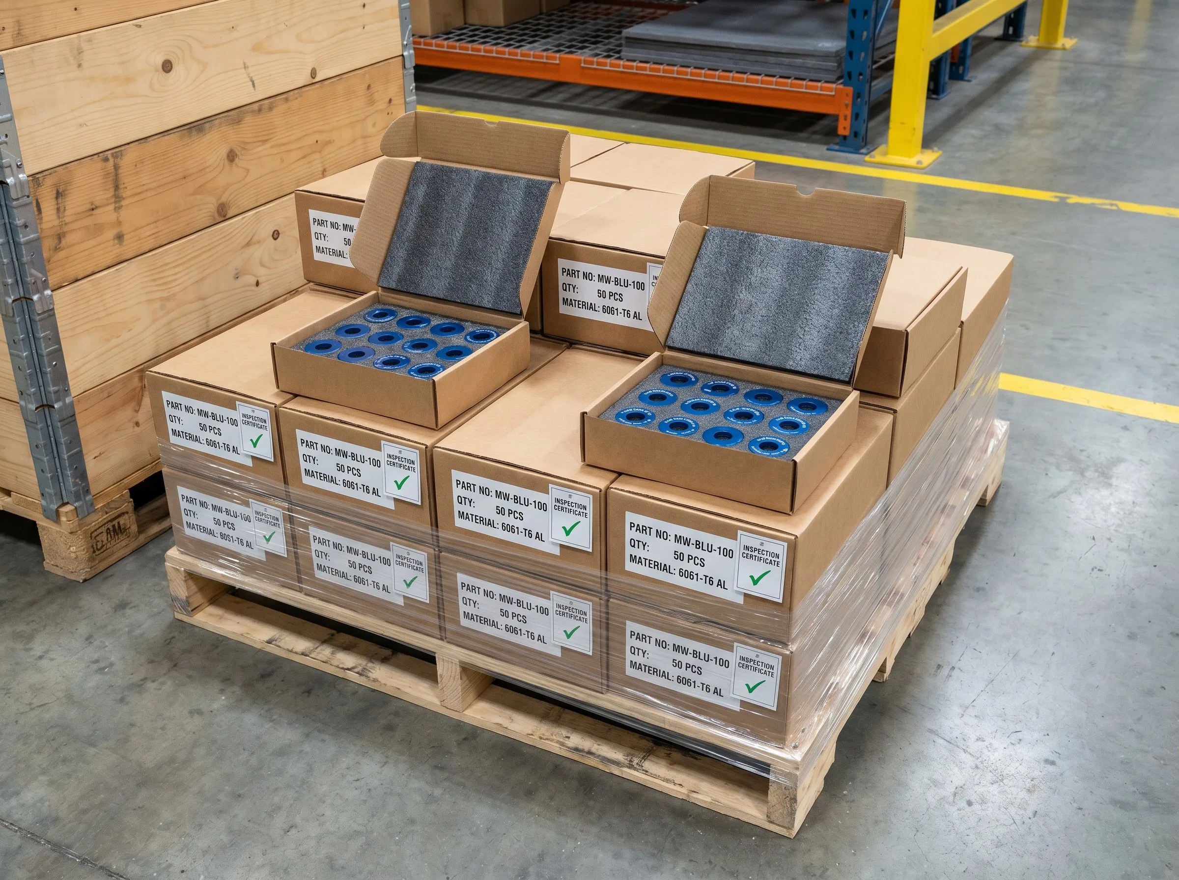 Packaged blue anodized motorcycle fender washers ready for export shipping with inspection certificates
