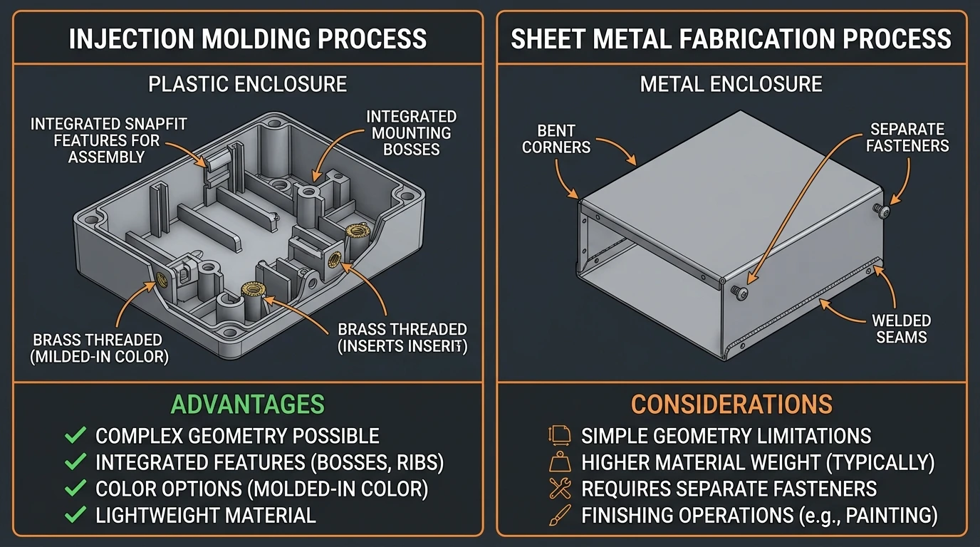 Injection molded plastic enclosure versus sheet metal fabricated enclosure comparison showing integrated features versus simple bent construction
