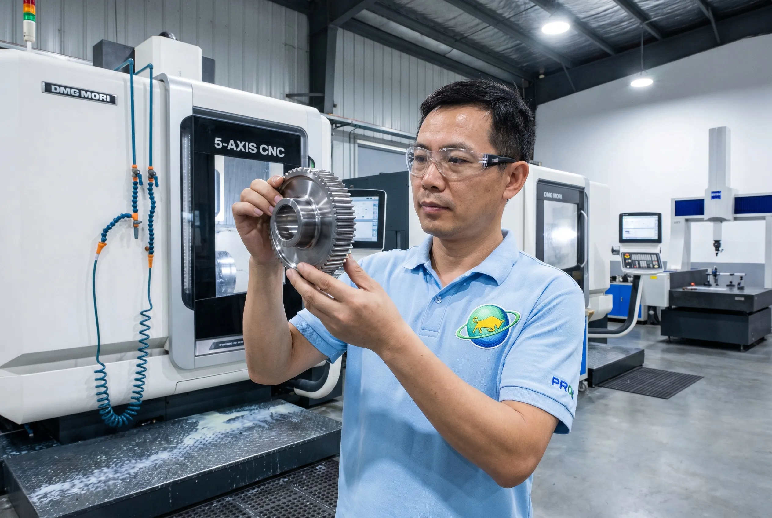 Chinese technician in light blue PRO polo shirt with bull-sphere-ring logo badge at Goldcattle CNC gear machining workshop examining precision oil pump gear