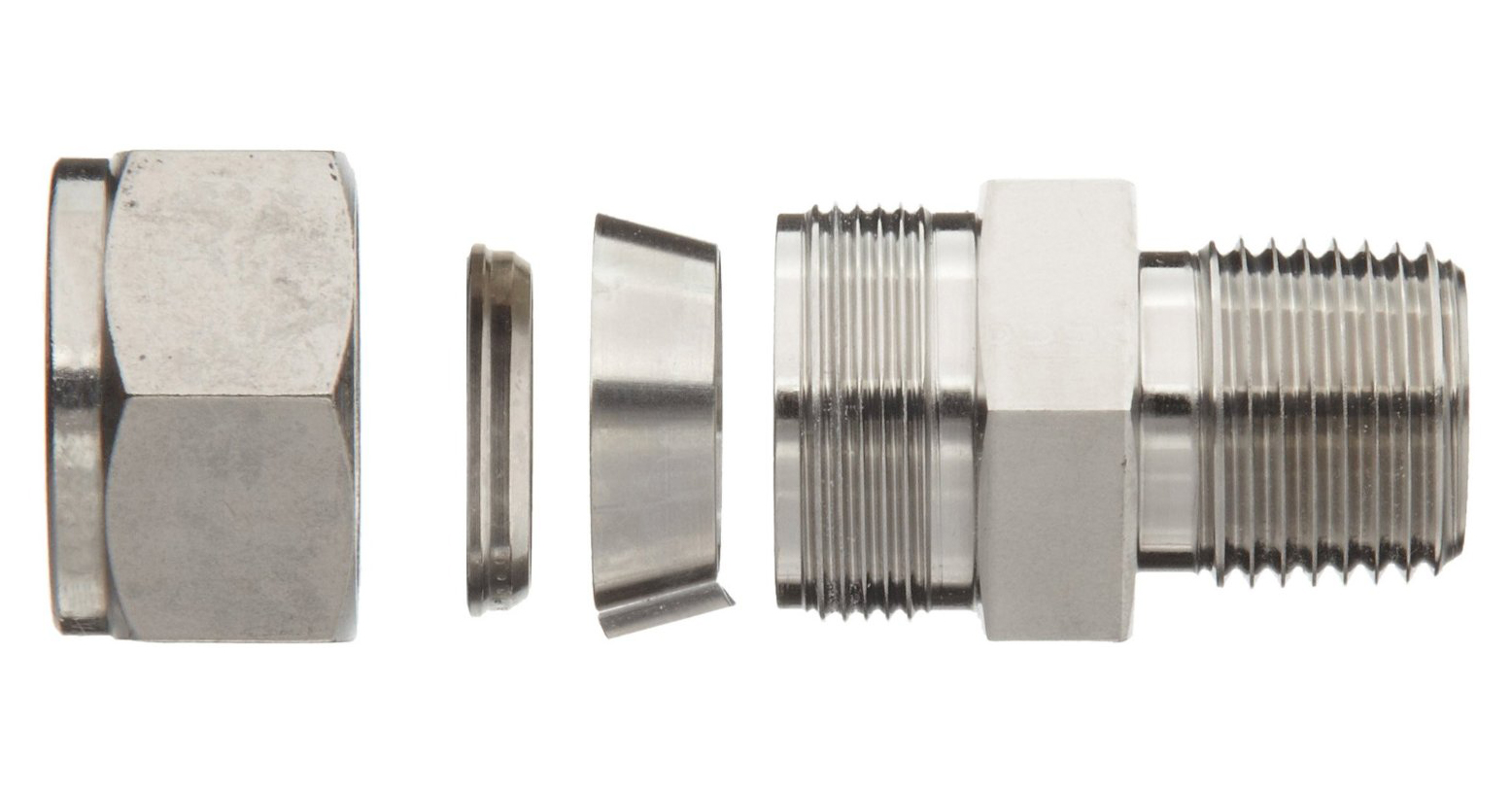 Dual ferrule tube fitting exploded view front rear ferrule