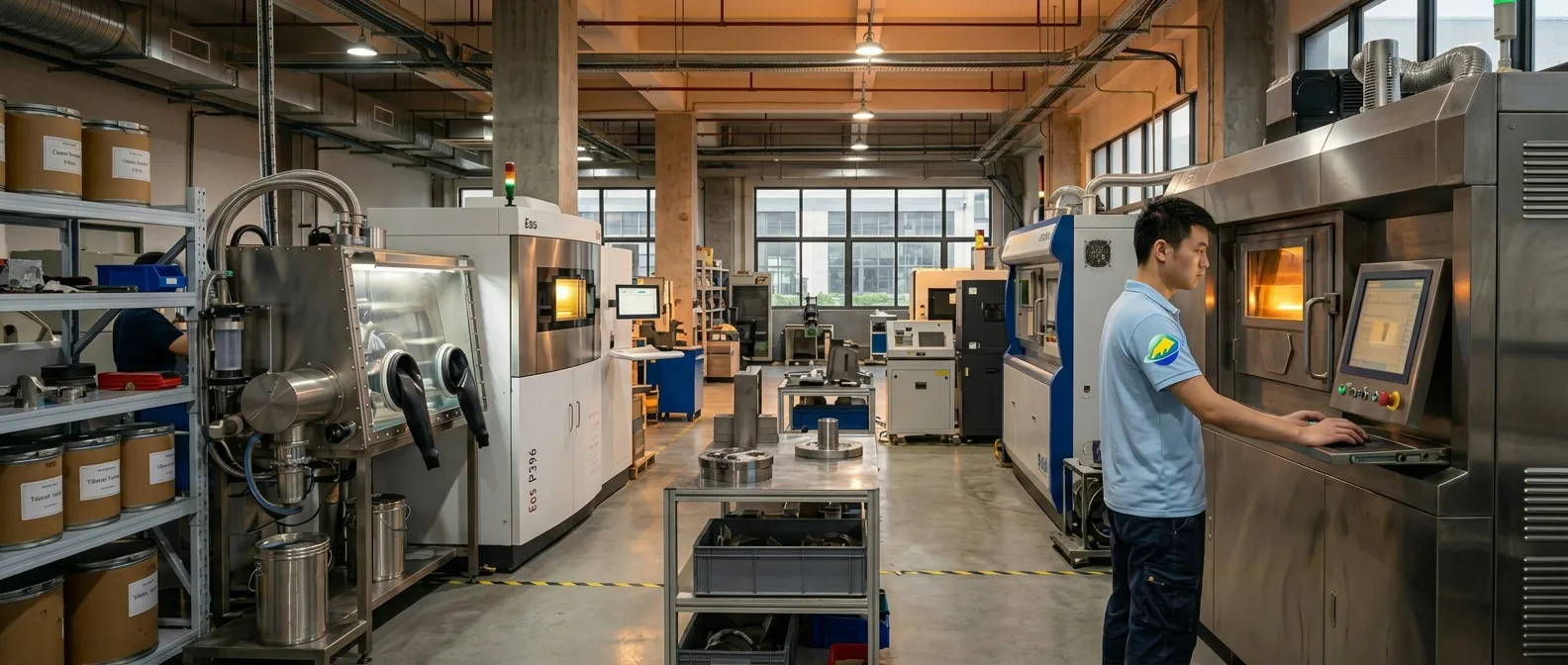 Chinese technician in light blue PRO polo shirt with bull-sphere-ring logo badge at Goldcattle industrial 3D printing workshop