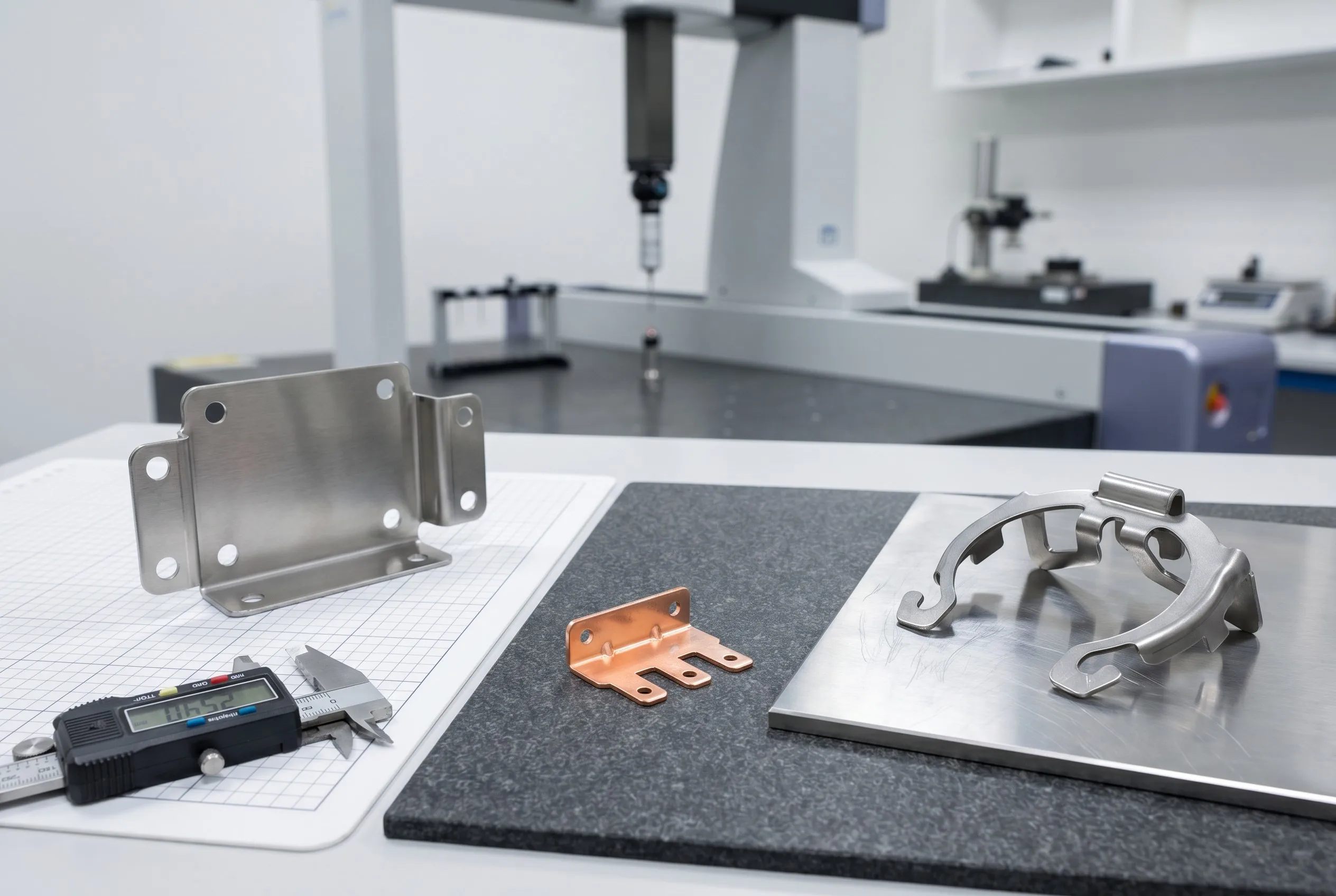 Three stamped metal components on inspection surfaces: stainless steel bracket, copper contact and spring steel clip
