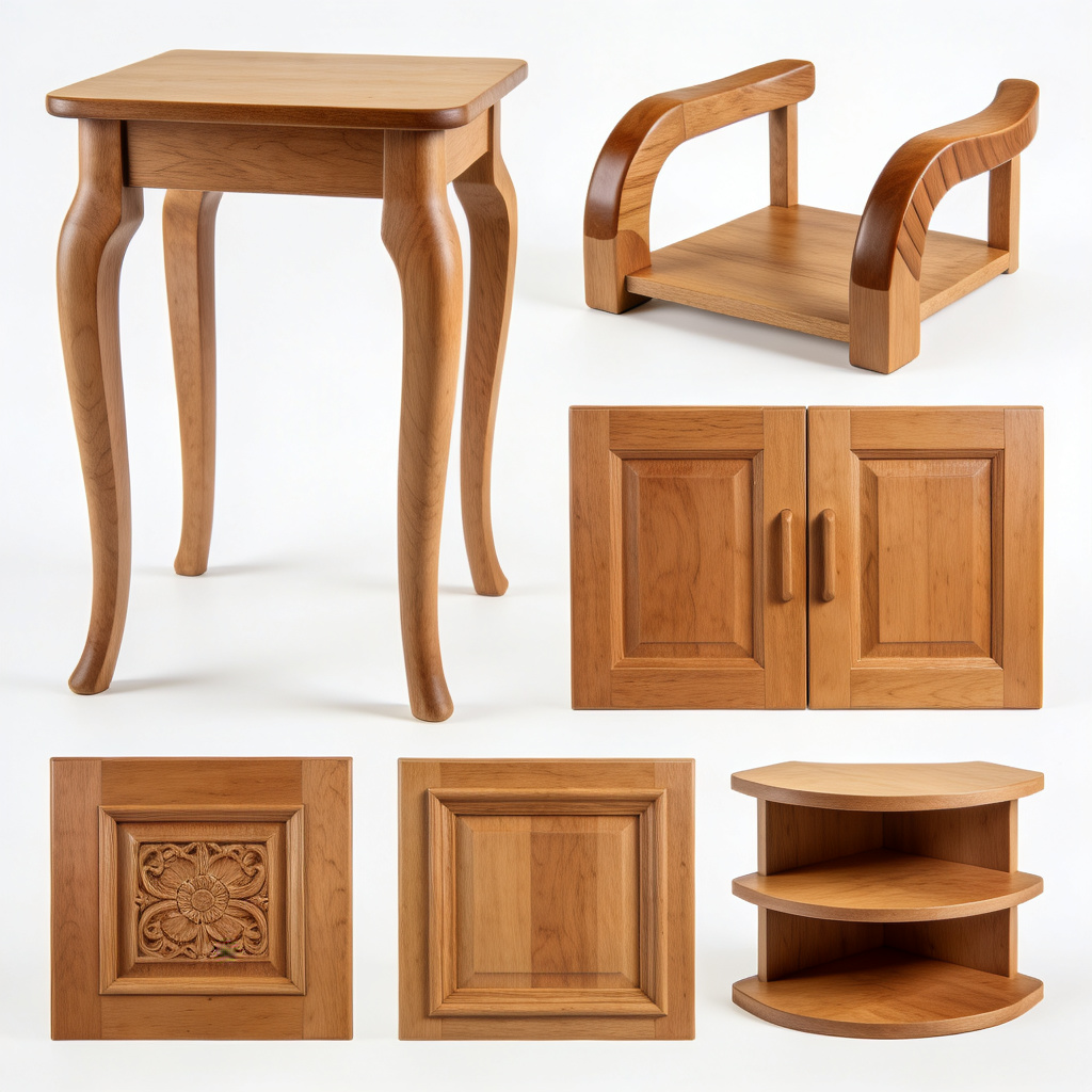 Custom CNC wood furniture components including table legs, chair arms, cabinet doors