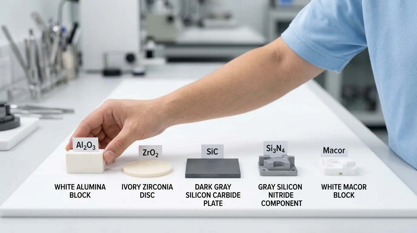 Five ceramic material samples: alumina, zirconia, silicon carbide, silicon nitride and Macor arranged on inspection surface