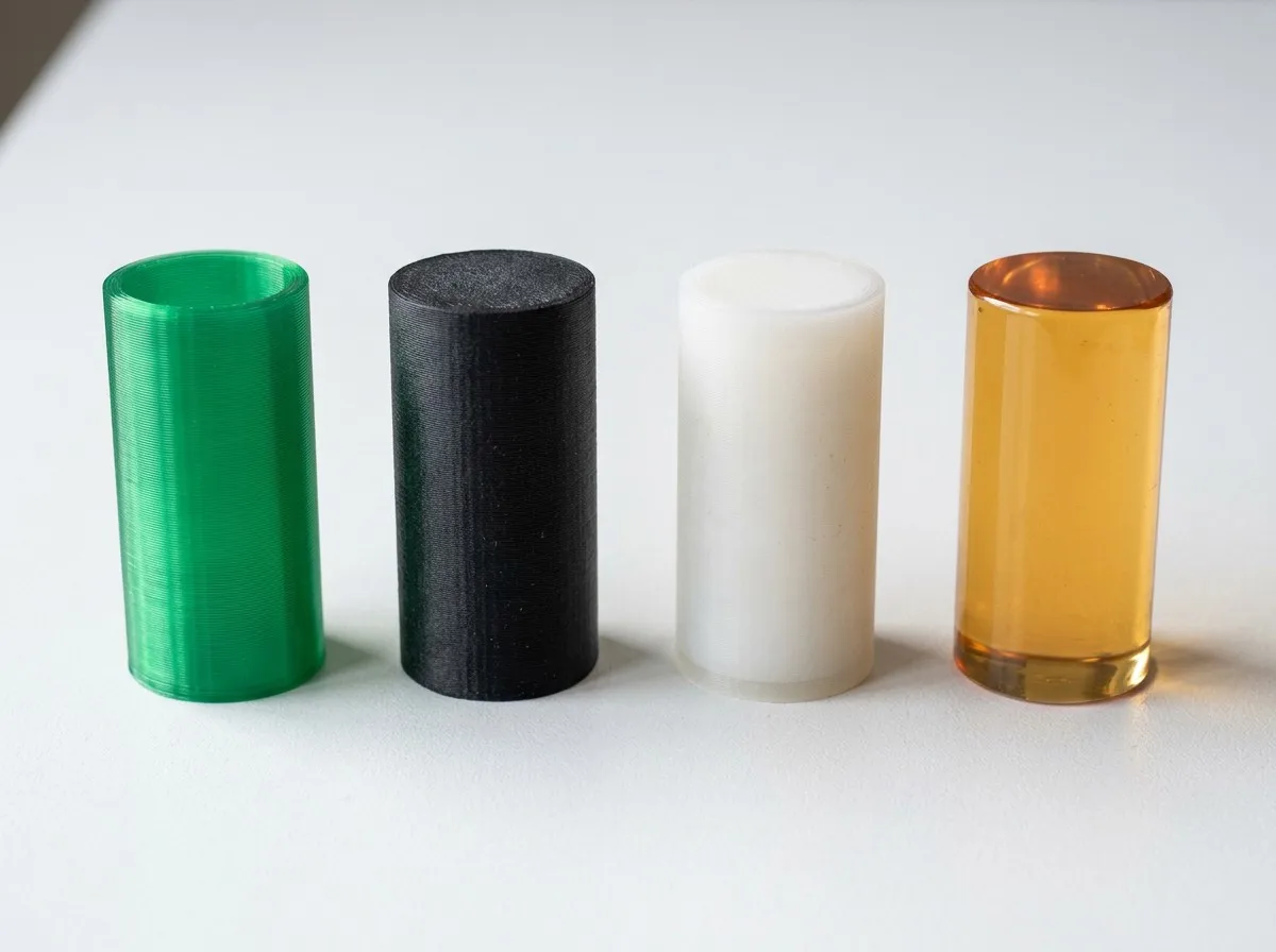 3D printing materials comparison: PLA, ABS, Nylon PA12, and Resin samples