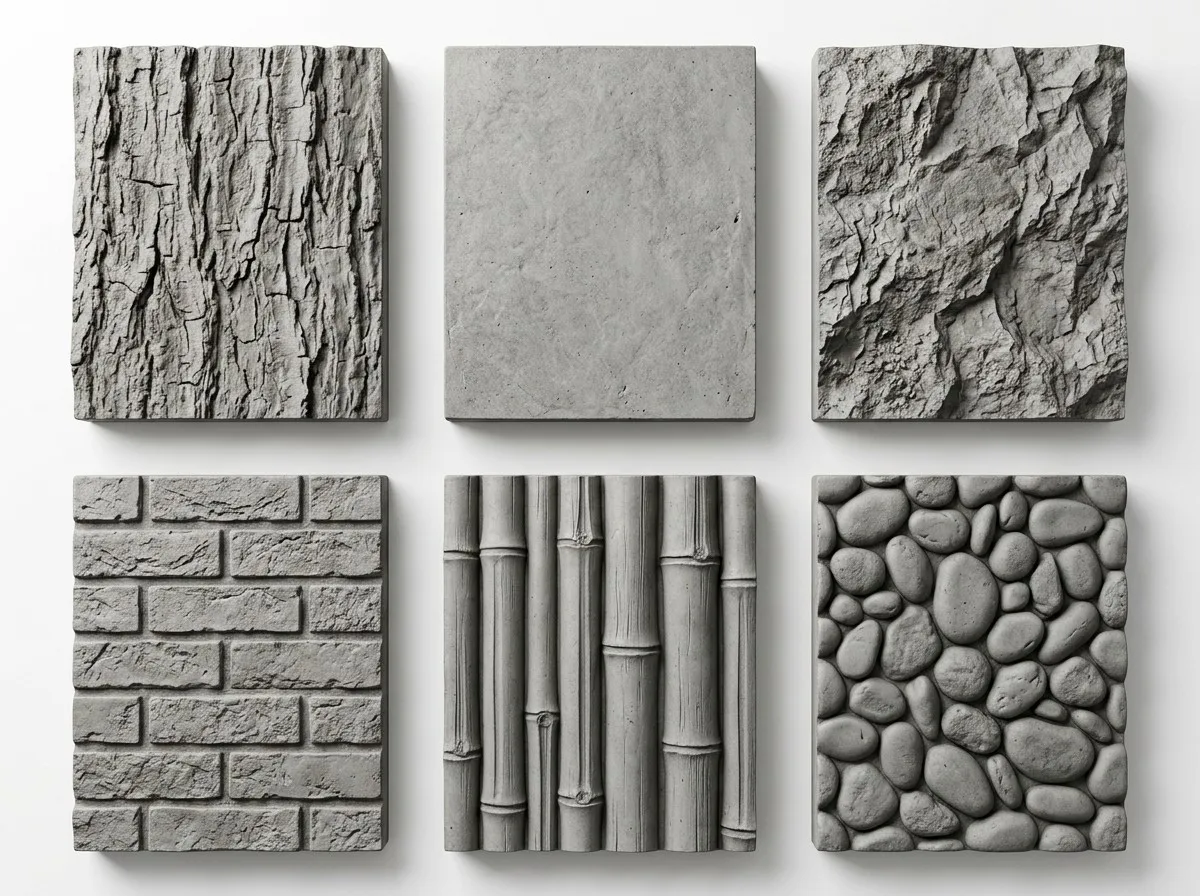 Surface texture options for concrete molds showing wood bark grain stone brick bamboo and river rock patterns
