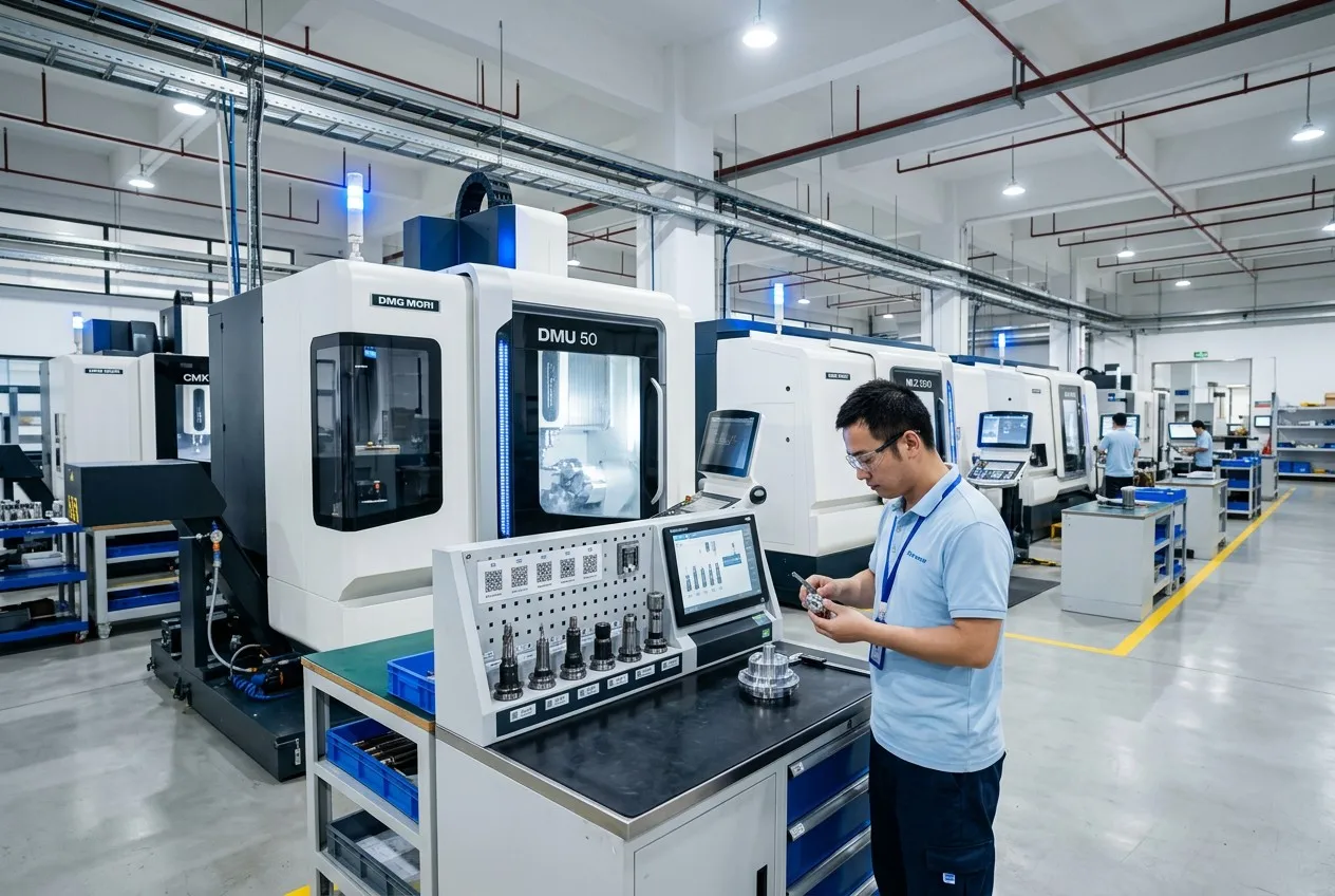 5-axis CNC machining center cutting a complex multi-sided aluminum component in a single setup