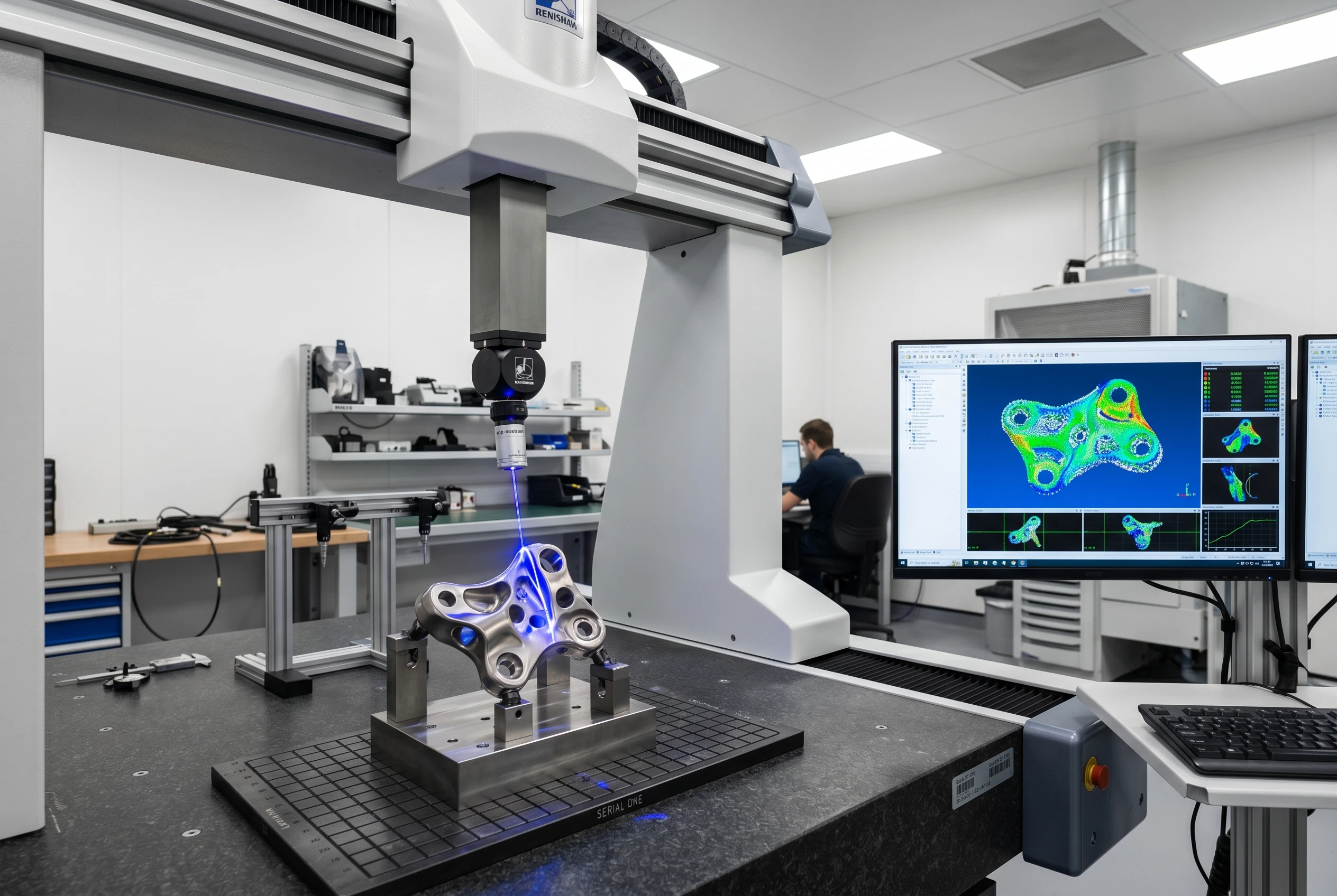 CMM laser probe inspecting titanium medical implant bracket for dimensional verification