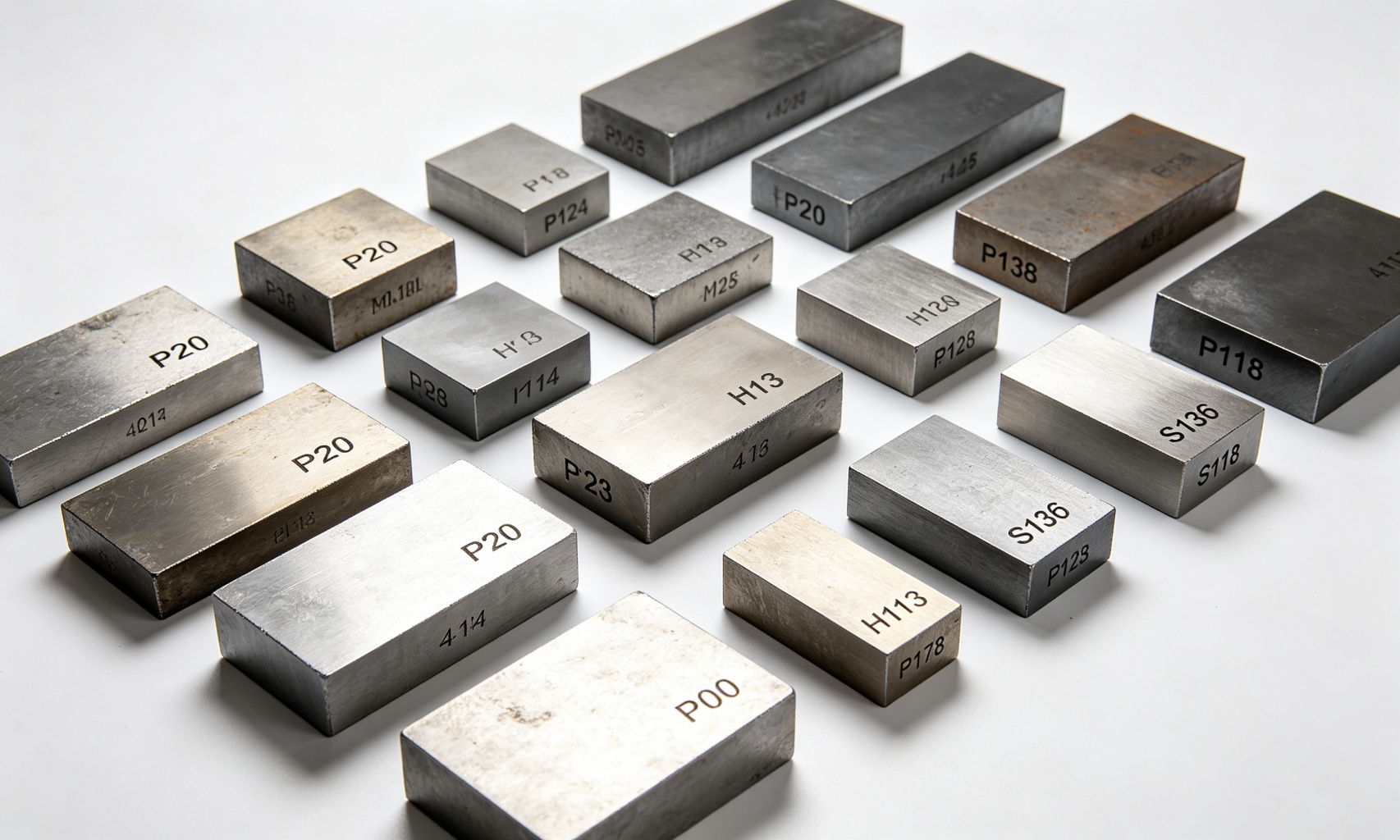 Various mold steel material samples including P20, H13, S136, and 718 grades with different hardness and surface finishes