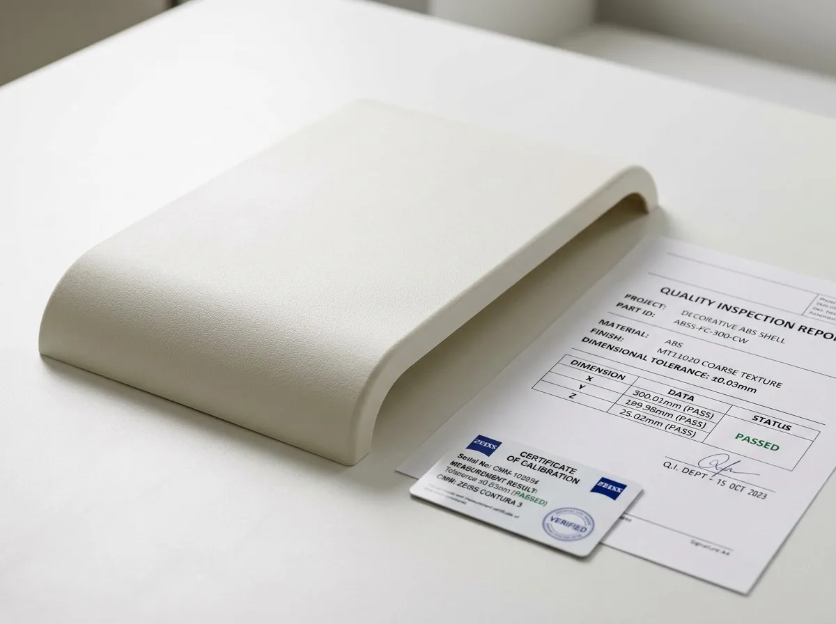 Furniture decorative ABS plastic shell cover case study result showing MT11020 texture finish, clean edges, and Zeiss CMM inspection certificate on white surface