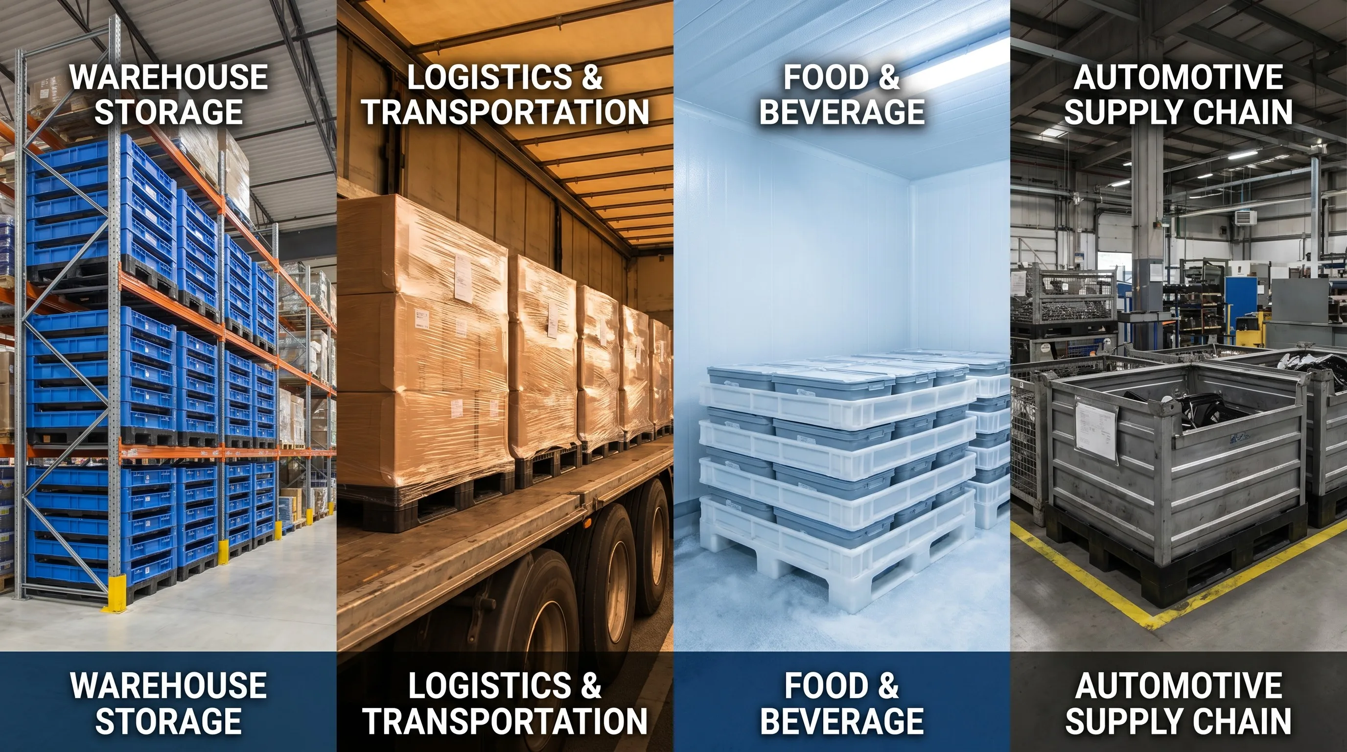Four application zones for plastic pallet inserts: warehouse storage, logistics transport, food industry and automotive supply chain