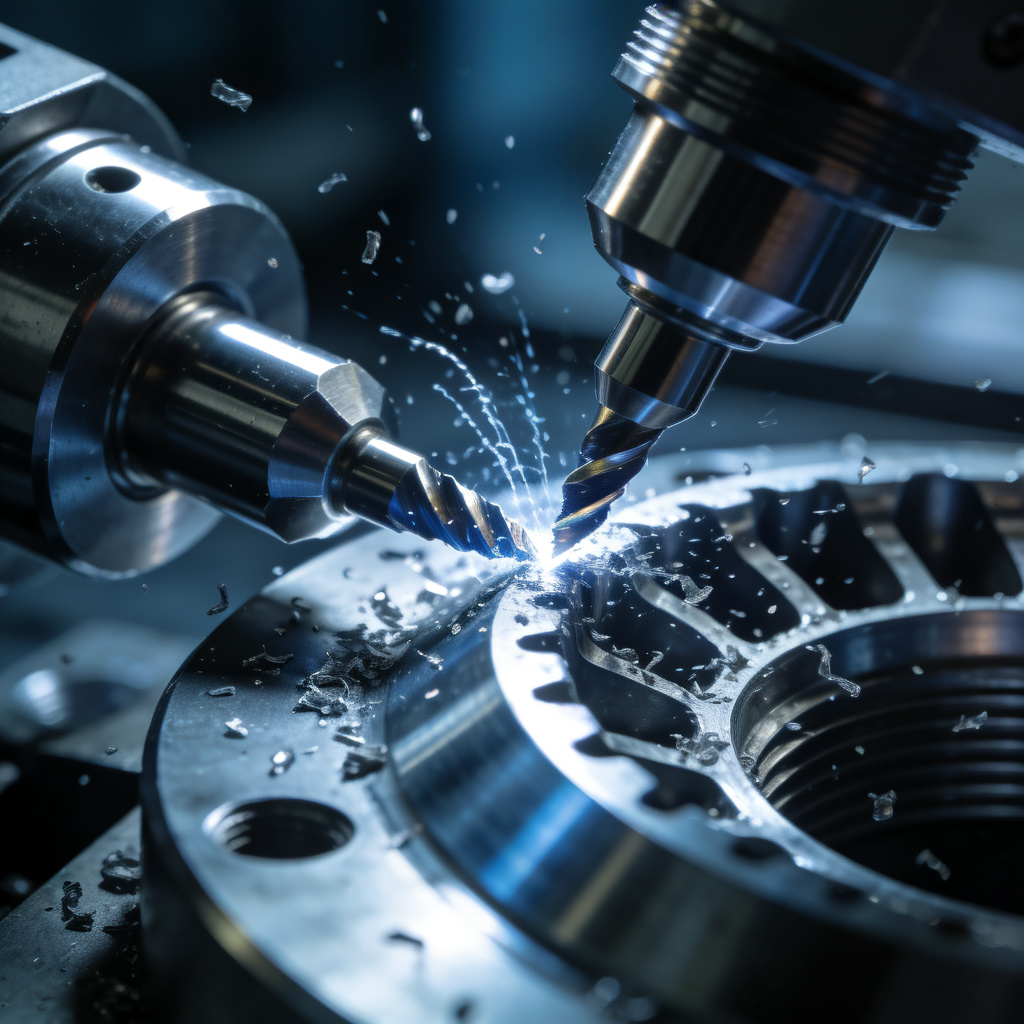 Close-up of CNC machining process cutting aerospace engine component with metal chips flying