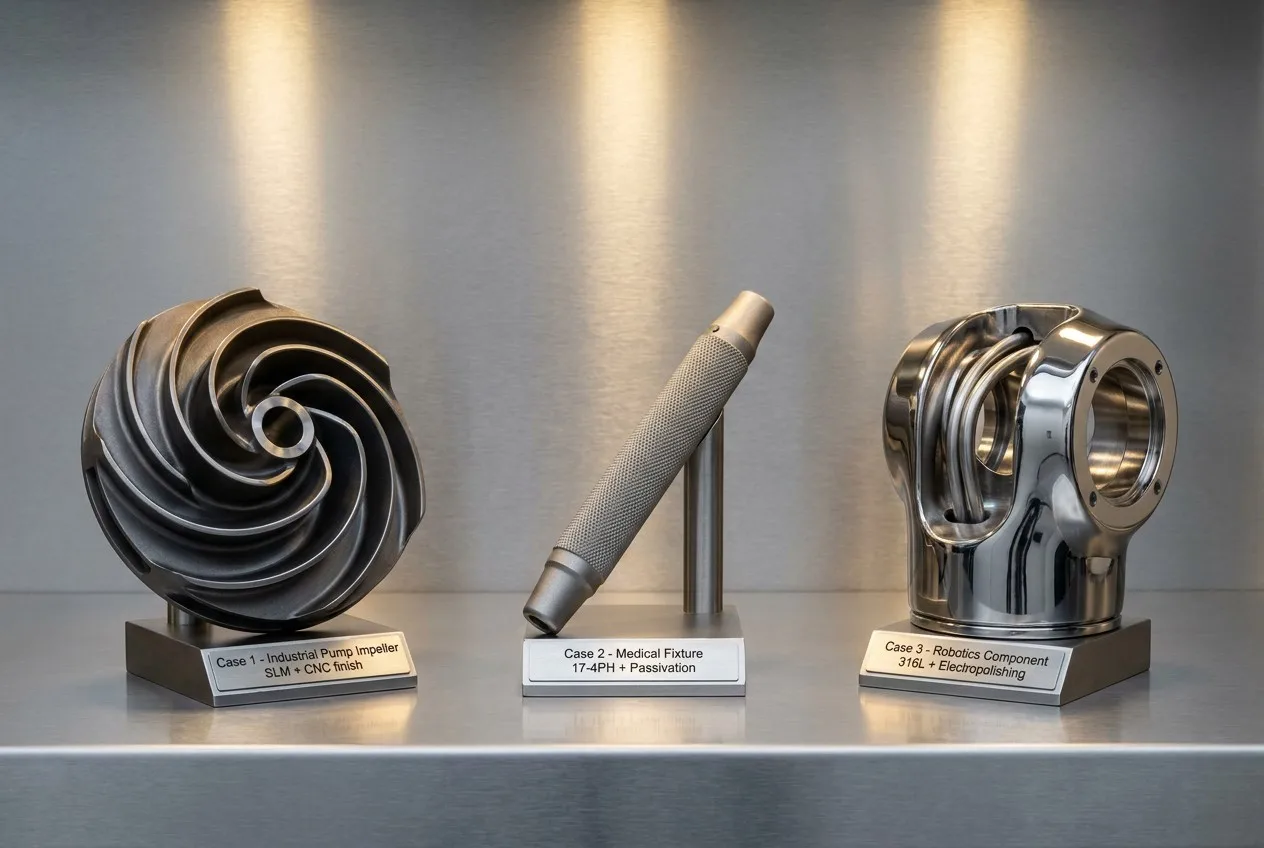 Three stainless steel 3D printed case study parts 316L pump impeller 17-4PH medical fixture robotics joint housing