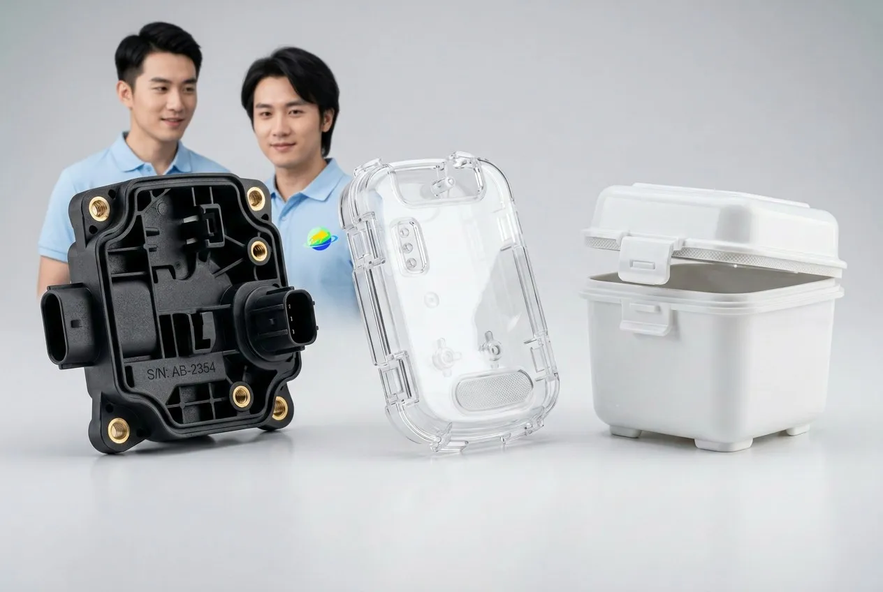 Injection molded case study products: automotive housing, medical cover, food container