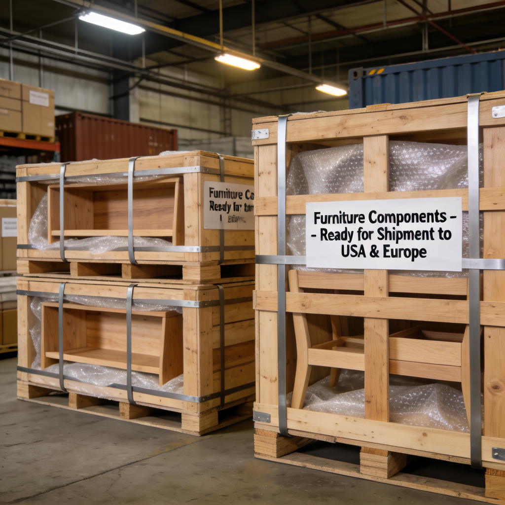 Export packaging for furniture components ready for shipping to USA and Europe