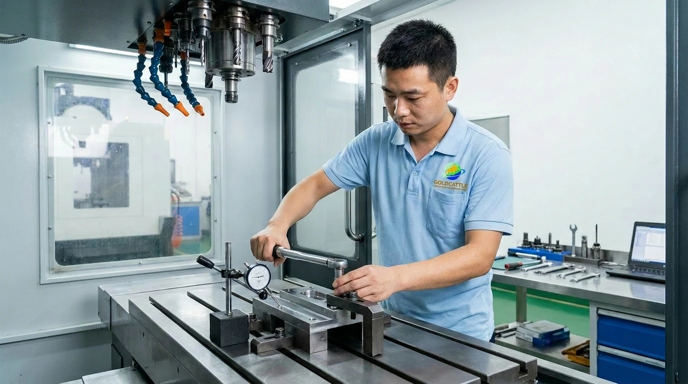 Chinese technician mounting workpiece in CNC milling fixture with torque wrench and dial indicator for alignment verification, wearing light blue polo shirt