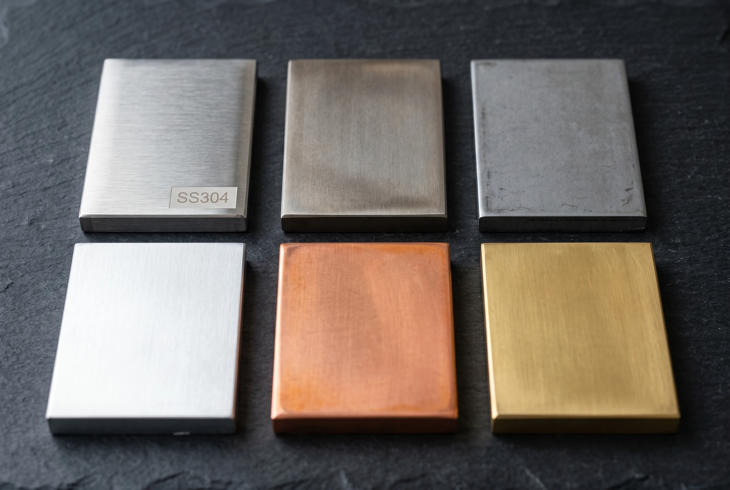 Six metal material sample blocks: stainless steel 304, 316, SPCC steel, aluminum 5052, copper and brass
