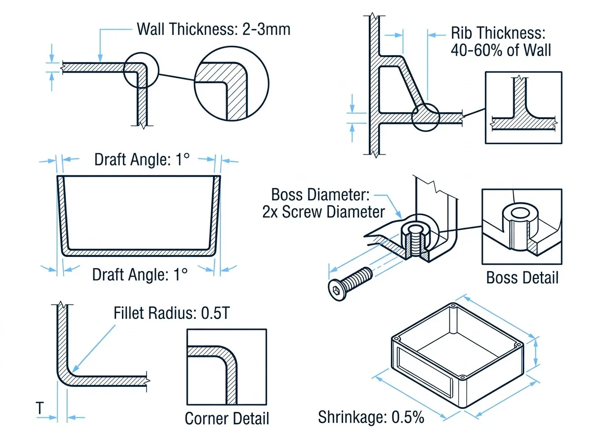 ABS plastic housing design guidelines technical reference showing wall thickness, draft angle, rib design, boss design, fillet radius, and shrinkage parameters