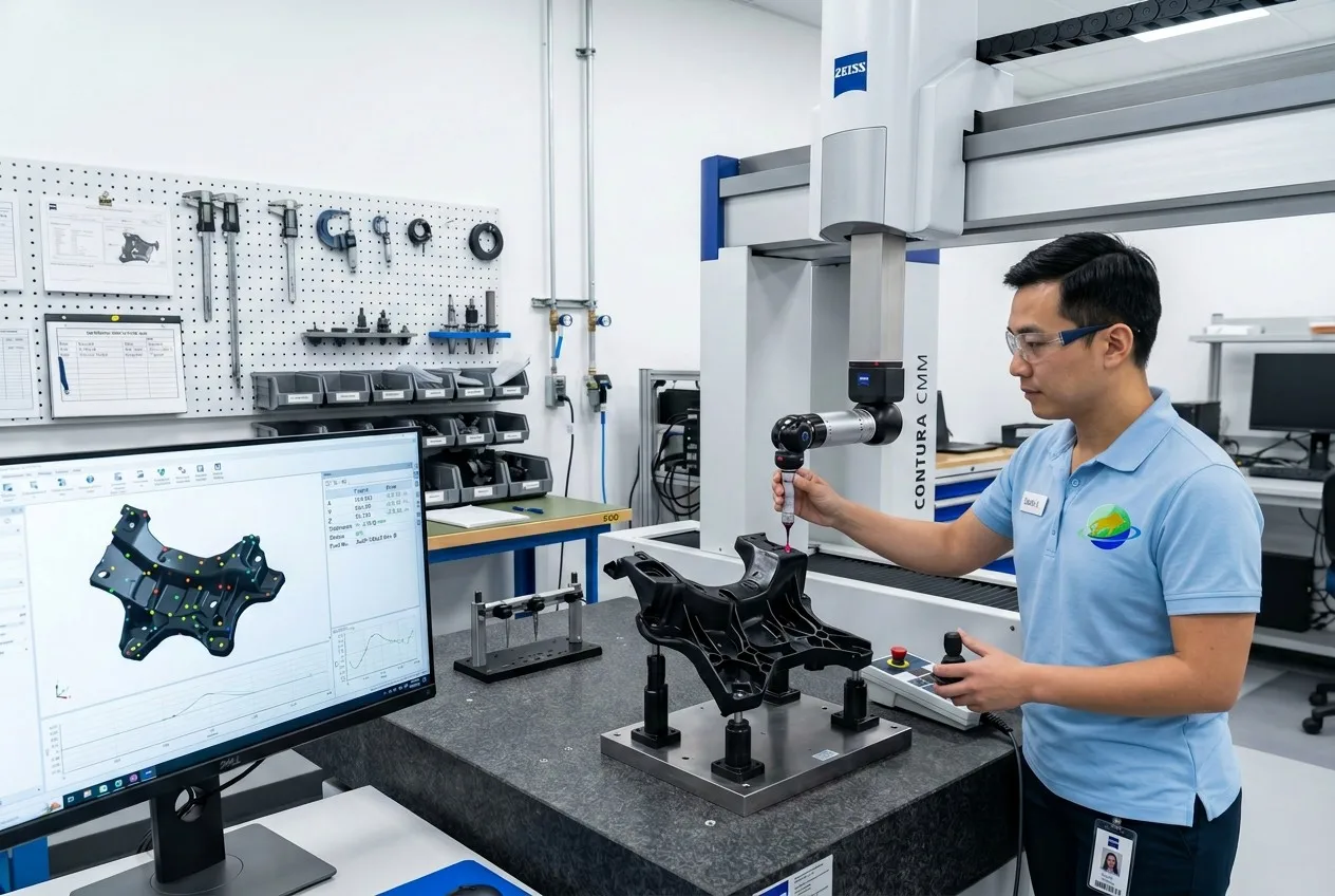 CMM quality control inspection of injection molded automotive bracket