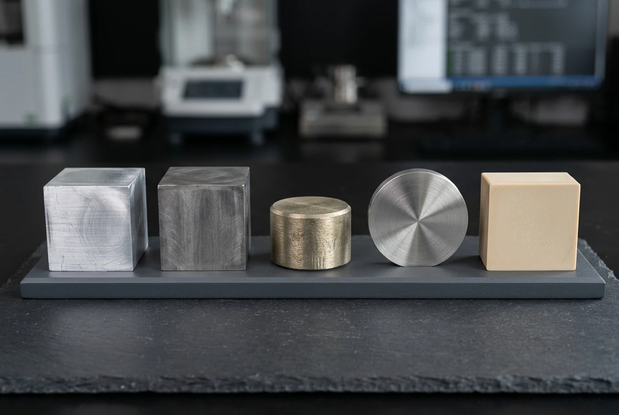 Material selection samples for 5-axis CNC machining: 6061 aluminum, 7075 aluminum, titanium Grade 5, 316L stainless steel, and PEEK polymer
