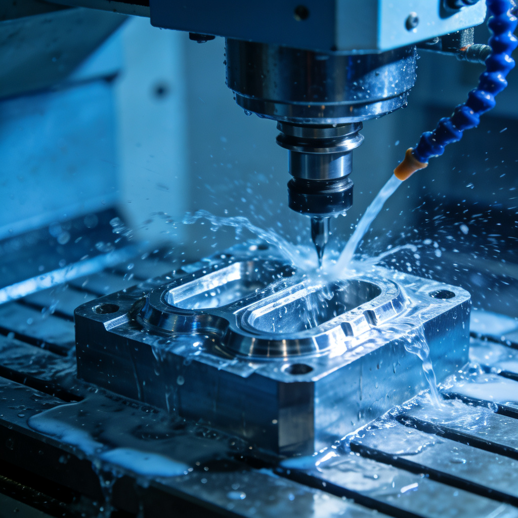 CNC milling machine actively cutting precision metal component