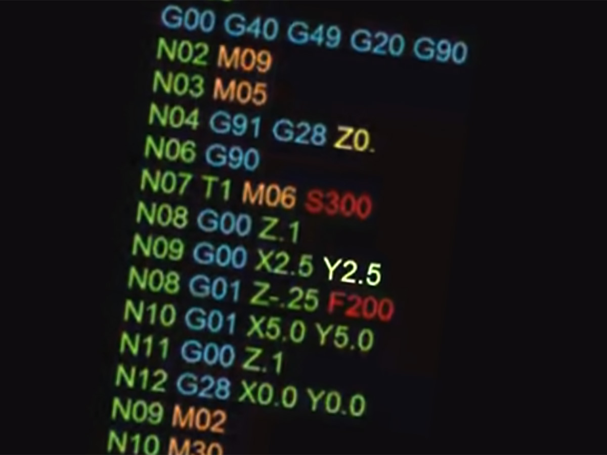 Example of G-code programming lines on a CNC controller screen