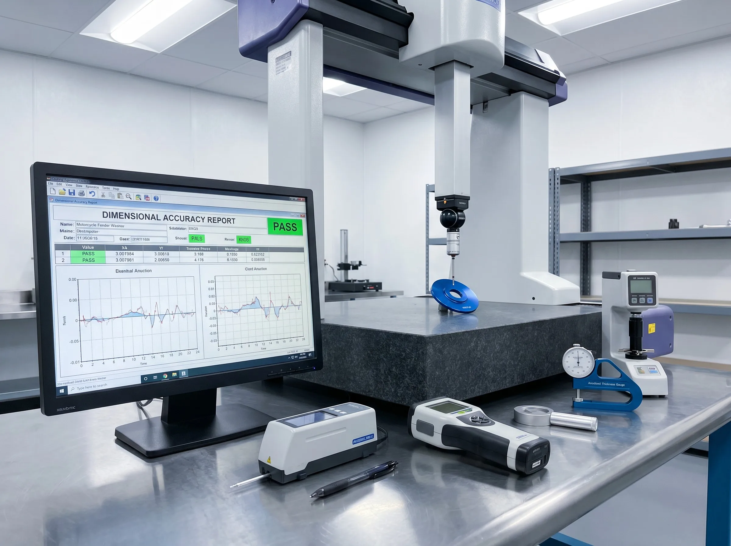 Quality control inspection setup for CNC motorcycle aluminum parts with CMM spectrometer and surface measurement equipment