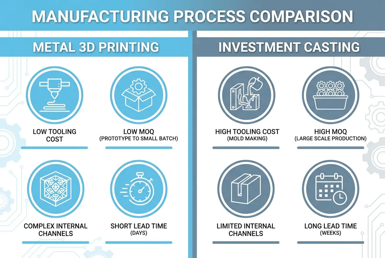 Comparison infographic showing metal 3D printing vs investment casting key differences
