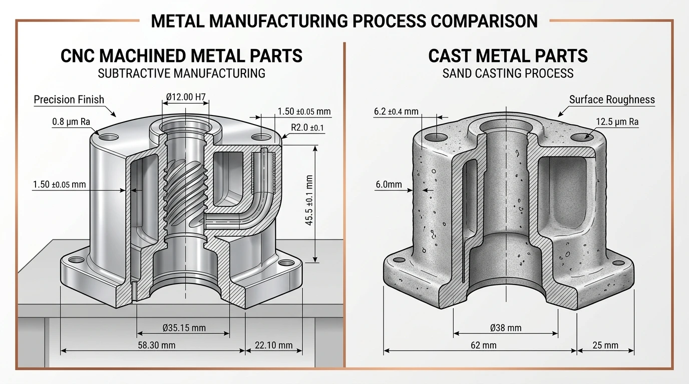CNC machined metal parts versus cast metal parts comparison showing precision, surface finish and wall thickness differences