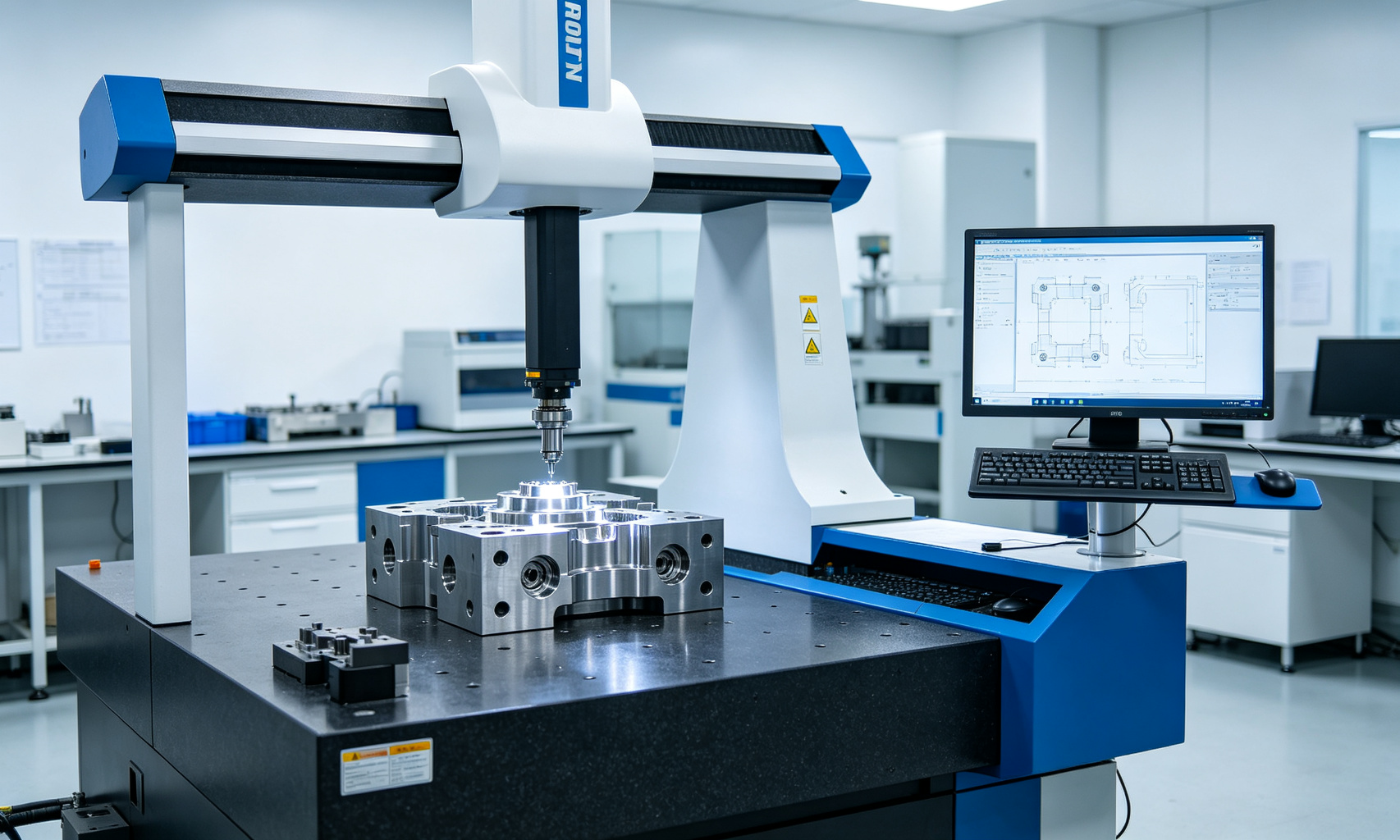CMM coordinate measuring machine inspecting precision mold component in quality control laboratory